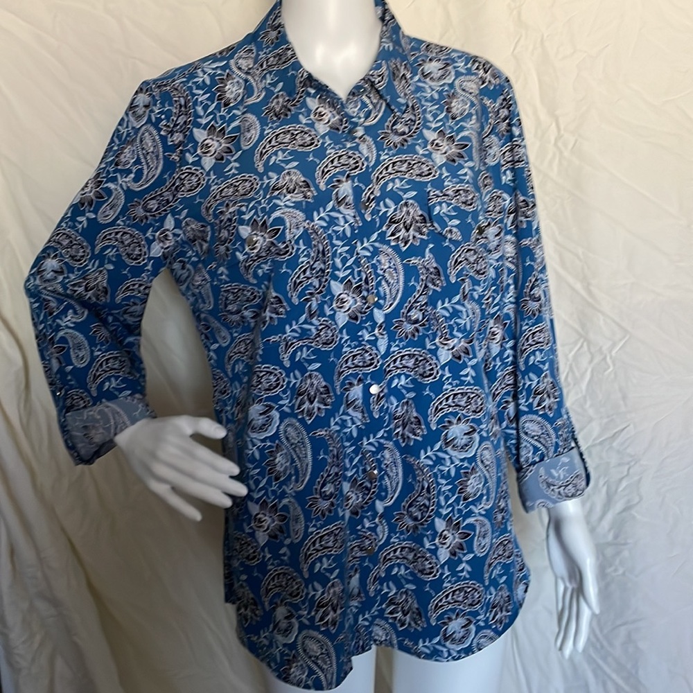Fred David Paisley Blue/Black Button Down Top NWT